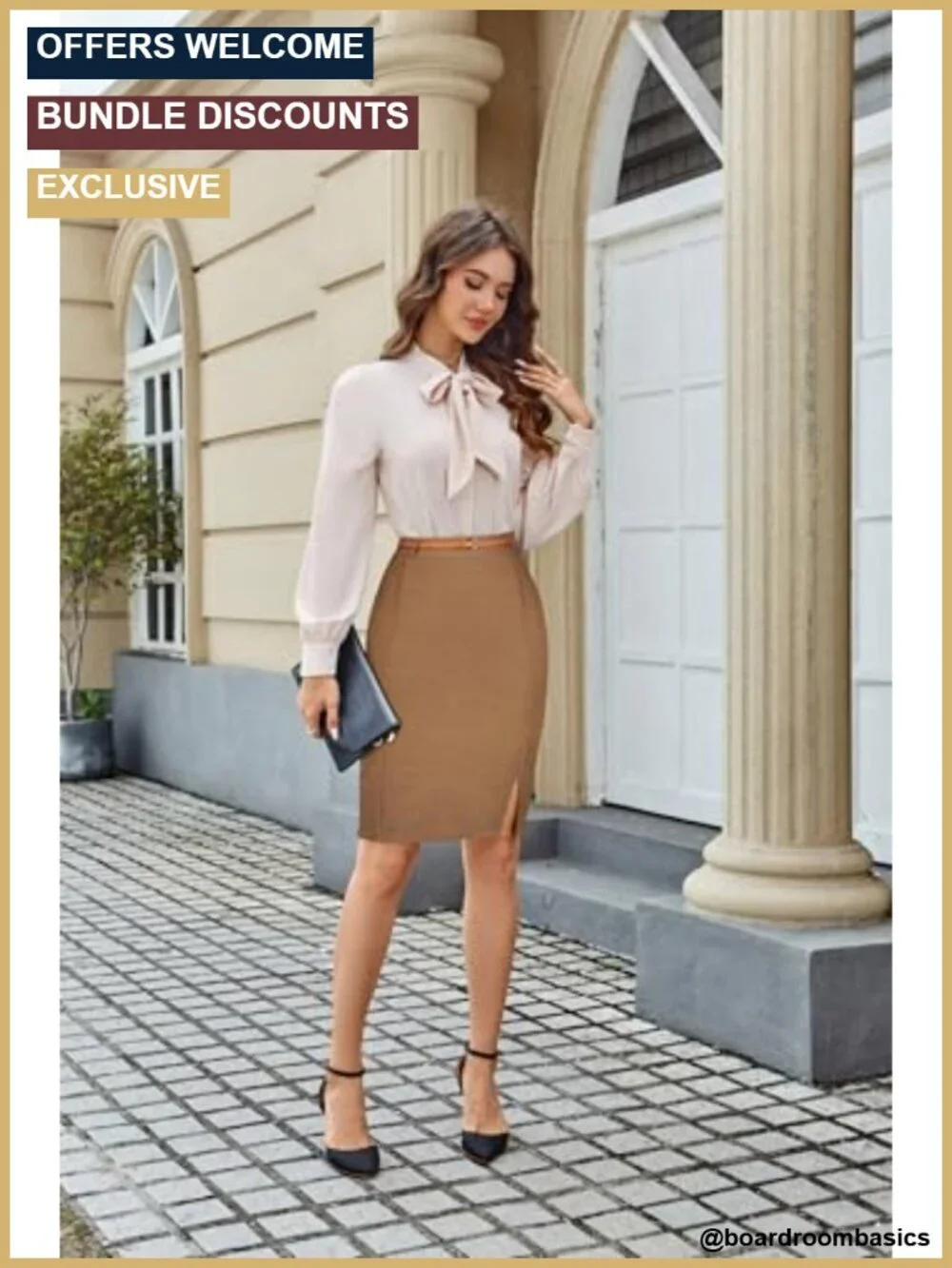 Tweed Pencil Skirt with Slit and Belt, Knee Length, Back Zip, Slim Fit,